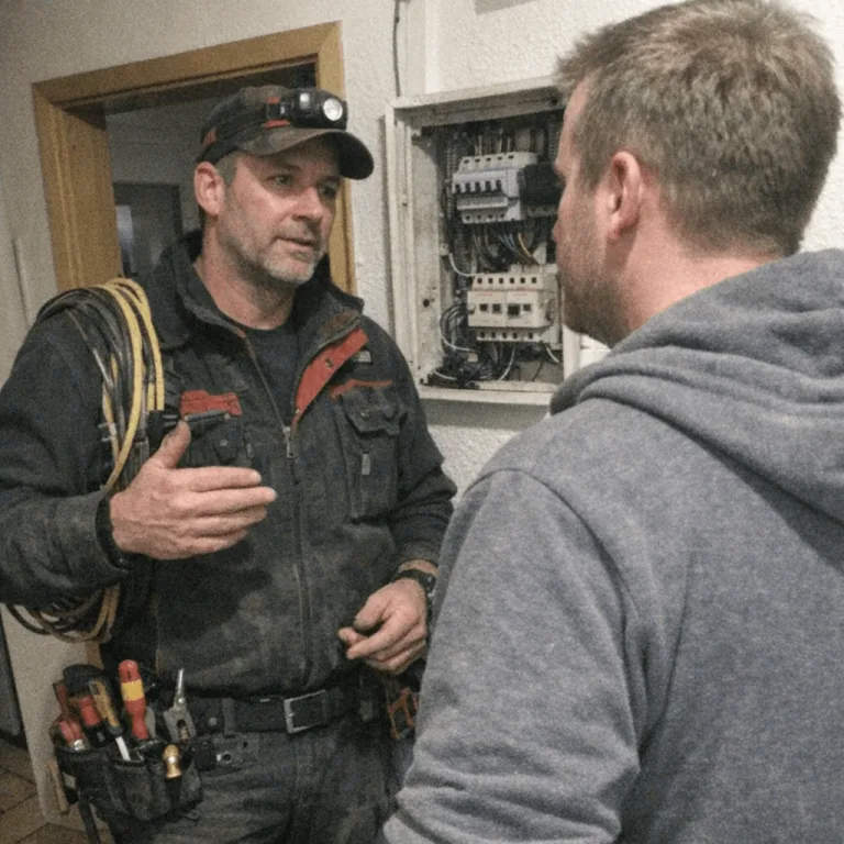 Fachkundiger Elektrikernotdienst bespricht sich ruhig mit einem Kunden vor Ort