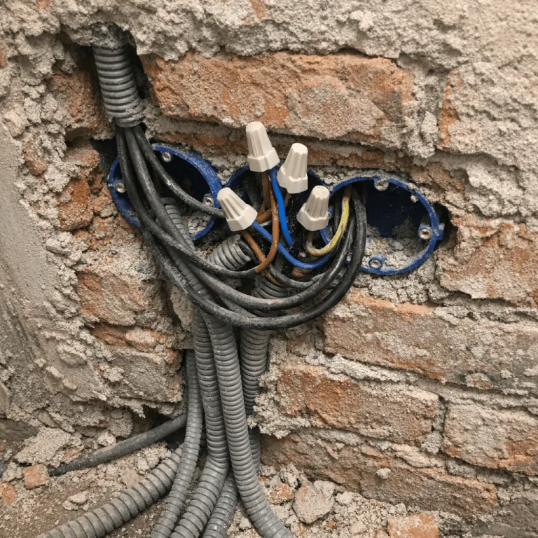 Freigelegte Leitungen in einer Wand während der Sanierung