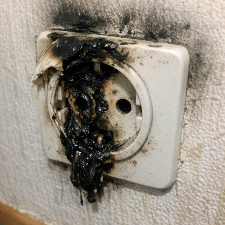 Detailansicht einer verschmorten und gefährlichen Steckdosenblende